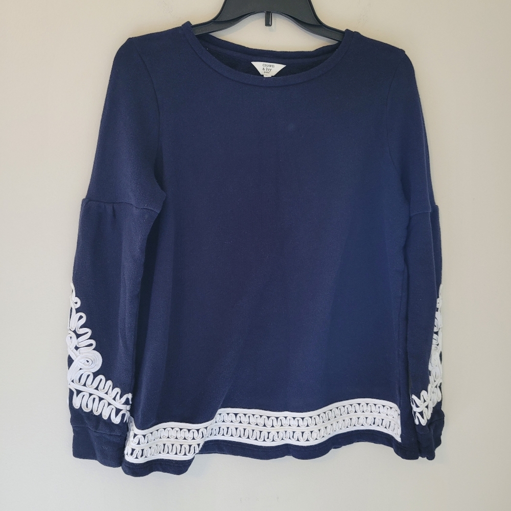 Crown & Ivy Navy Puff Sleeve Sweatshirt with White Ribbon Detail
